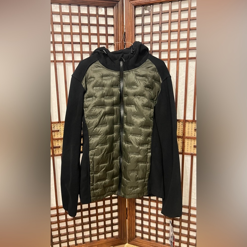 Reebok Glacier Shield Hybrid Puffer Fleece Full Zip Hooded Jacket Olive Black